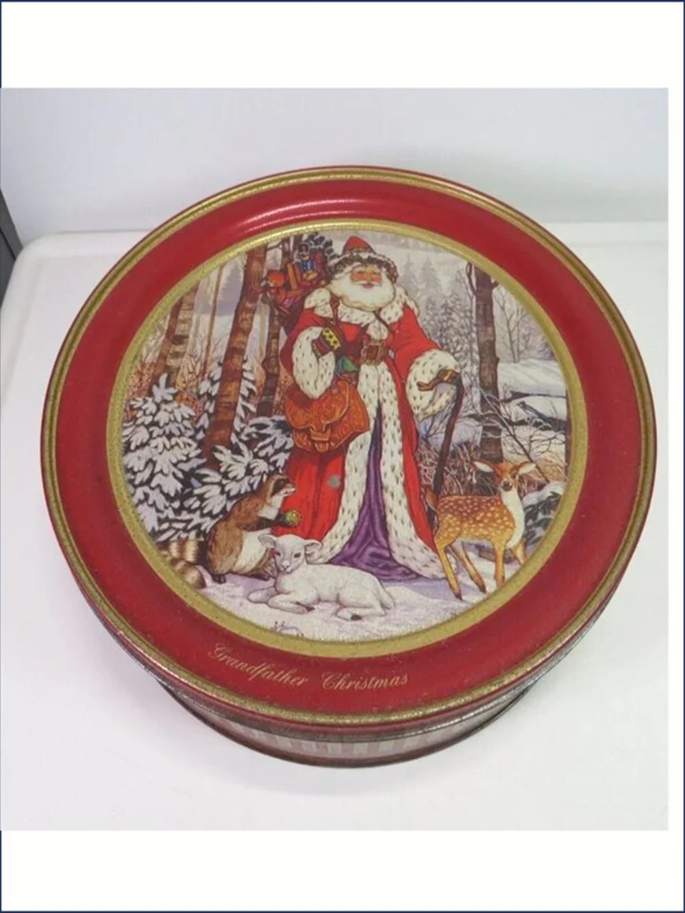 Vintage Grandfather Christmas Metal Tin – Woodland Santa Holiday Storage